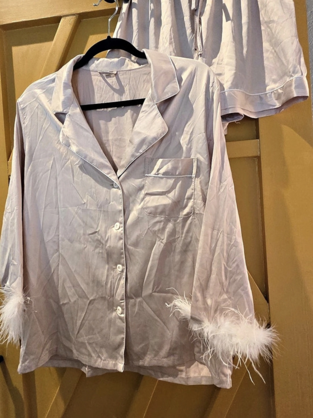 Champagne Tan Feather Trim Pajama Set Like New